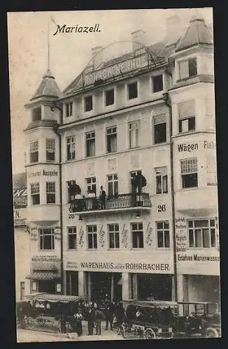 AK Mariazell, Hotel Rohrbacherhof und Warenhaus Josef Rohrbacher