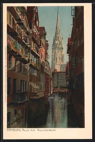 Künstler-Lithographie Zeno Diemer: Hamburg, Blick zur Nicolaikirche