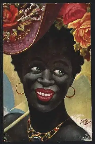 Künstler-AK A. Thiele: Afrikanische Dame mit Halskette und Kopfschmuck
