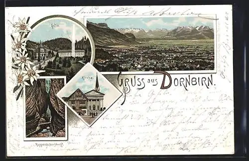 Vorläufer-Lithographie Dornbirn, 1895, Gütle, Kirche, Rappenlochschlucht, Totalansicht