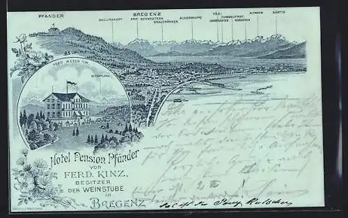 Vorläufer-Mondschein-Lithographie Bregenz, 1895, Hotel-Pension Pfänder von F. Kinz, Alpen-Panorama mit Alviergruppe