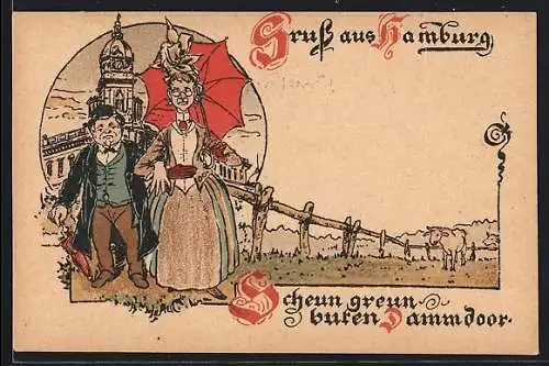 Künstler-AK Hans Christiansen unsign.: Hamburg Scheun greun buten Dammdoor, Hanseatisches Paar beim Spaziergang