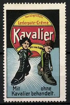 Reklamemarke Kavalier - vorzüglichste Lederputzcreme, Schuhpaar mit Köpfen