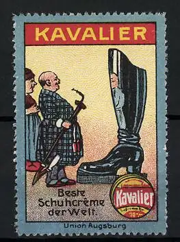Reklamemarke Kavalier - beste Schuhcreme der Welt, Union Augsburg, Mann spiegelt sich in einem geputzten Stiefel