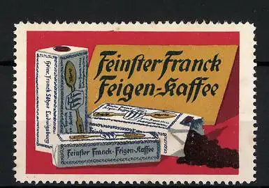 Reklamemarke Feinster Franck-Feigen-Kaffee, Kaffee fällt aus einer Schachtel