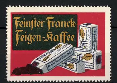 Reklamemarke Feinster Franck-Feigen-Kaffee, Kaffee fällt aus einer Schachtel