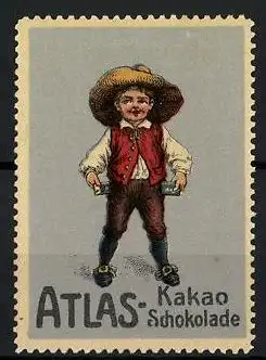 Reklamemarke Atlas Kakao & Schokolade, Knabe mit Schokoladentafeln in der Hosentasche