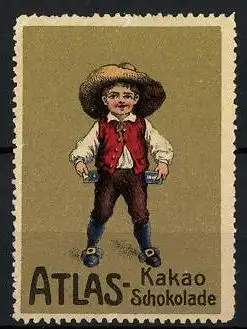 Reklamemarke Atlas Kakao & Schokolade, Knabe mit Schokoladentafeln in der Hosentasche