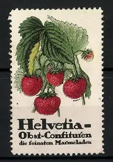 Reklamemarke Helvetia-Obst-Confituren - die feinsten Marmeladen, Erdbeeren mit Blattgrün
