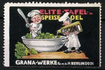 Reklamemarke Elite-Tafel- und Speiseoel, Grana-Werke GmbH, Berlin, Köche machen einen Salat an