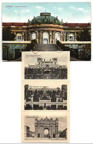 Leporello-AK Potsdam, Schloss Sanssouci, Neues Palais, Garnisonkirche, Brandenburger Tor