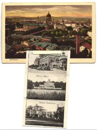 Leporello-AK Potsdam, Panorama vom Brauhausberg, Schloss Sanssouci, Historische Mühle, Schloss Babelsberg