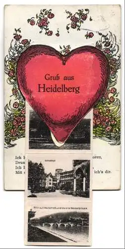 Leporello-AK Heidelberg, Ansichten hinterm Herz, Universität, Ritter, Schlosshof