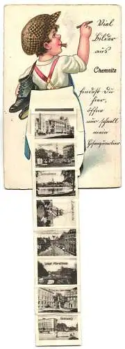 Leporello-AK Chemnitz, Ansichten hinterm Hosenboden, Markt, Lutherkirche, Johannesplatz