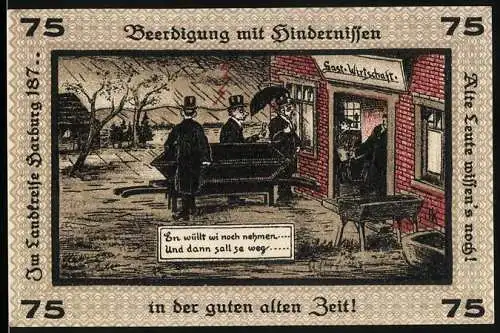 Notgeld Neugraben-Hausbruch 1921, 75 Pfennig, Männer mit Sarg vor dem Gasthaus