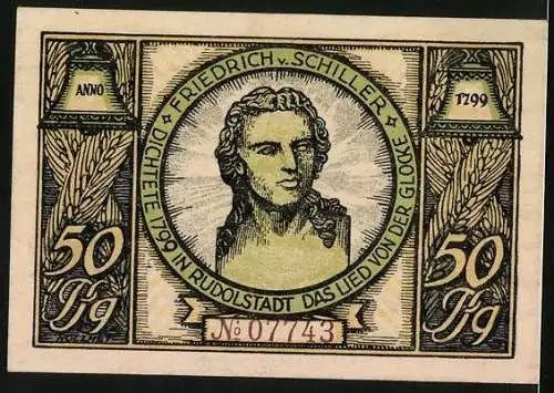 Notgeld Rudolstadt 1922, 50 Pfennig, Friedrich Schiller dichtete 1799 das Lied von der Glocke