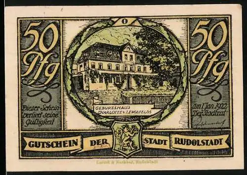 Notgeld Rudolstadt 1922, 50 Pfennig, Geburtshaus Charlotte v. Lengefelds