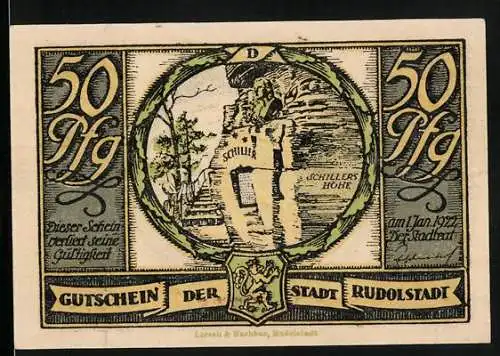 Notgeld Rudolstadt 1922, 50 Pfennig, Schillerhöhe mit Schiller-Denkmal