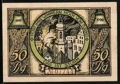 Notgeld Rudolstadt 1922, 50 Pfennig, Hört ihr`s Wimmern hoch vom Turm?, Das ist Sturm