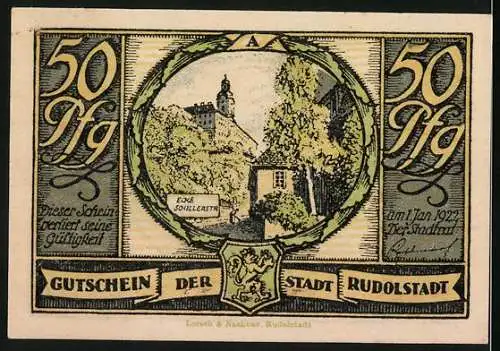 Notgeld Rudolstadt 1922, 50 Pfennig, Familie, Partie an der Schillerstrasse