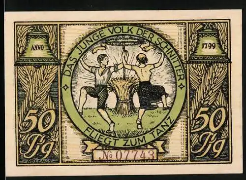 Notgeld Rudolstadt 1922, 50 Pfennig, Schnitterpaar beim Tanz, Schillers Wohnung
