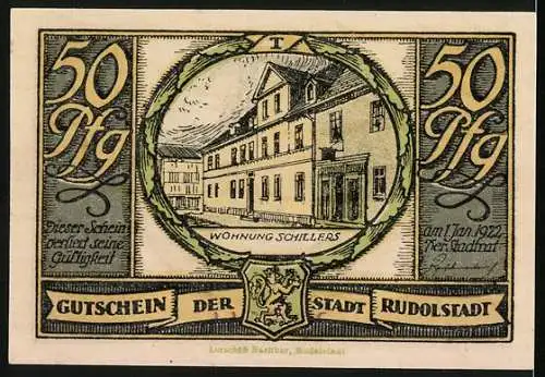 Notgeld Rudolstadt 1922, 50 Pfennig, Schnitterpaar beim Tanz, Schillers Wohnung