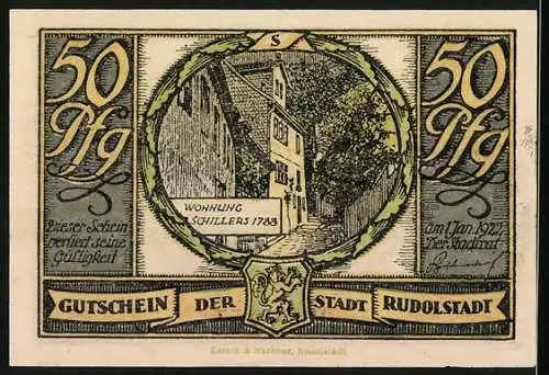 Notgeld Rudolstadt 1922, 50 Pfennig, Bauer mit Spaten, Wohnung Schillers 1788