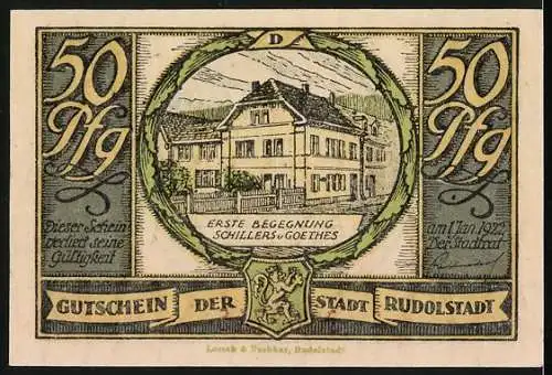 Notgeld Rudolstadt 1922, 50 Pfennig, Erste Begegnung Schillers und Goethes