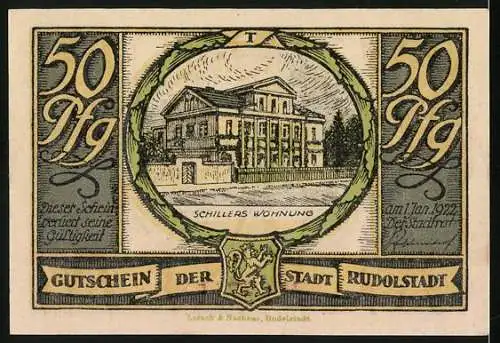 Notgeld Rudolstadt 1922, 50 Pfennig, Schillers Wohnung