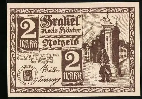 Notgeld Brakel /Kreis Höxter 1921, 2 Mark, Angeketteter Mann