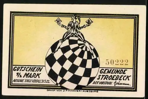 Notgeld Stroebeck 1922, 1 /2 Mark, Das Narren-Matt, Figuren auf Schachbrett