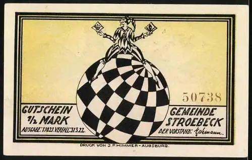 Notgeld Stroebeck 1922, 1 /2 Mark, Schach dem König!, Figuren auf Schachbrett