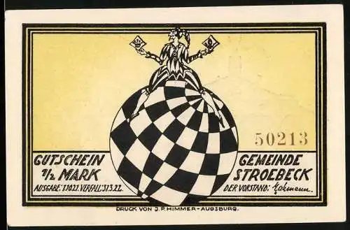 Notgeld Stroebeck 1922, 1 /2 Mark, Narr auf einem Ball