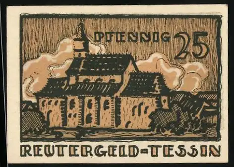 Notgeld Tessin 1922, 25 Pfennig, Ortspartie mit Kirche
