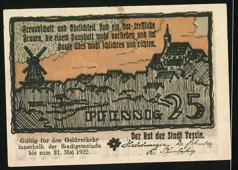 Notgeld Tessin 1922, 25 Pfennig, Ortspartie mit Kirche