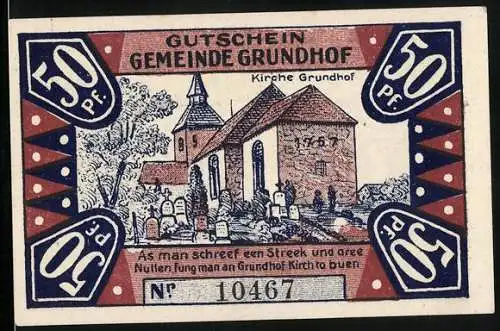 Notgeld Grundhof in Angeln 1920, 50 Pfennig, Kirche mit Friedhof