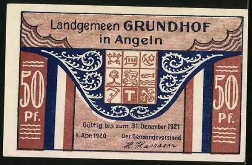 Notgeld Grundhof in Angeln 1920, 50 Pfennig, Kirche mit Friedhof