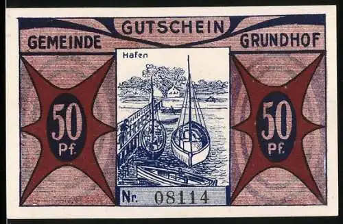 Notgeld Grundhof in Angeln 1921, 50 Pfennig, Hafen mit Booten