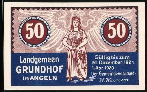 Notgeld Grundhof in Angeln 1920, 50 Pfennig, Frau mit Schwert und Schild