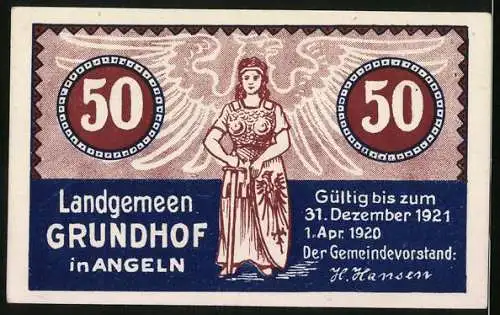 Notgeld Grundhof in Angeln 1920, 50 Pfennig, Schwedenwall, Dorfstrasse