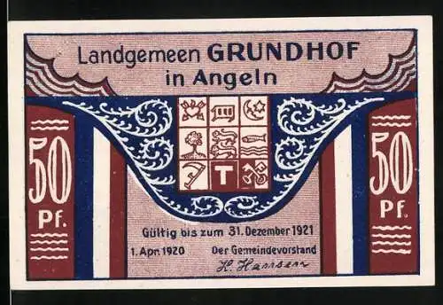 Notgeld Grundhof in Angeln 1920, 50 Pfennig, Kirche von 1757