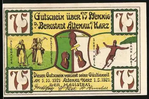 Notgeld Altenau a. Harz 1921, 75 Pfennig, Klatschweiber, Skifahrer