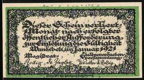 Notgeld Wandsbek, 50 Pfennig, Ortspartie mit Kirche, Wappen