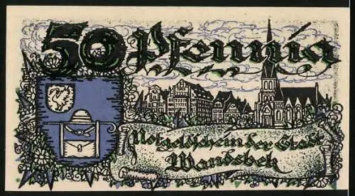 Notgeld Wandsbek, 50 Pfennig, Ortspartie mit Kirche, Wappen