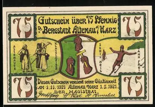 Notgeld Altenau a. Harz 1921, 75 Pfennig, Klatschweiber, Skifahrer