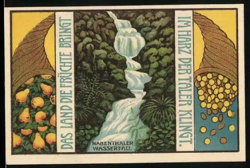 Notgeld Altenau a. Harz 1921, 75 Pfennig, Nabenthaler Wasserfall, Hörner mit Birnen und Geld