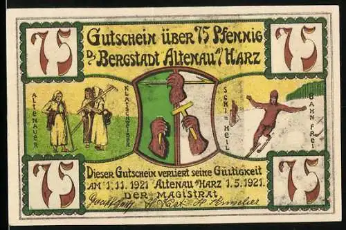 Notgeld Altenau a. Harz 1921, 75 Pfennig, Klatschweiber, Skifahrer
