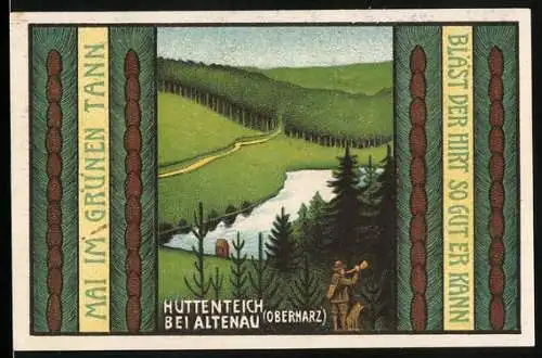 Notgeld Altenau a. Harz 1921, 75 Pfennig, Hüttenteich mit Jäger