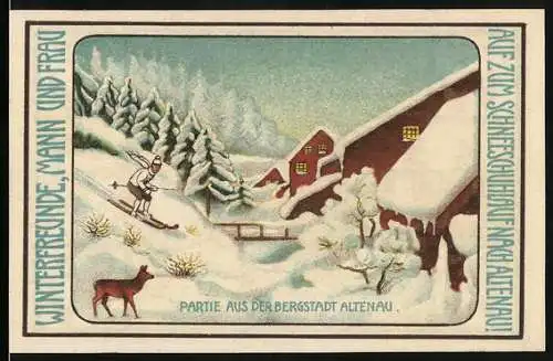 Notgeld Altenau a. Harz 1921, 75 Pfennig, Ortspartie mit Skifahrer im Winter