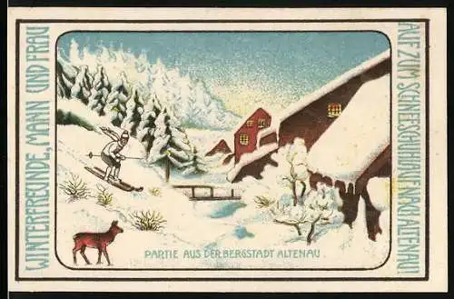 Notgeld Altenau a. Harz 1921, 75 Pfennig, Ortspartie mit Skifahrer im Winter